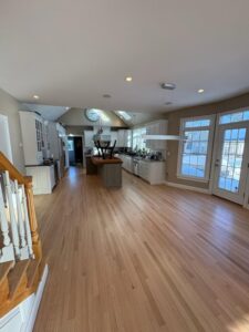 3 1/4" Red Oak finished with 1 coat of Bona Clear Seal and then 3 coats of Bonma Traffic HD Satin