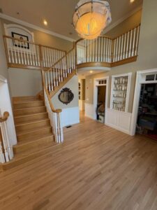 3 1/4" Red Oak finished with 1 coat of Bona Clear Seal and then 3 coats of Bonma Traffic HD Satin