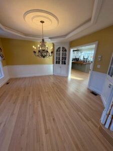 3 1/4" Red Oak finished with 1 coat of Bona Clear Seal and then 3 coats of Bonma Traffic HD Satin