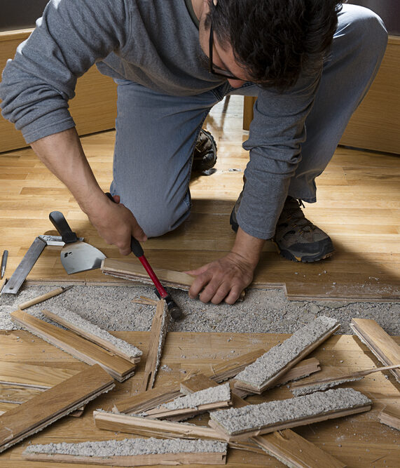 Working removing damaged hardwood floor