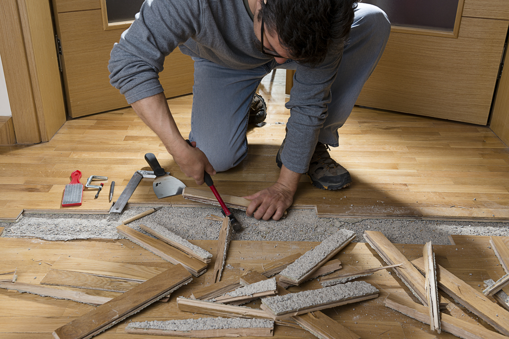 Working removing damaged hardwood floor