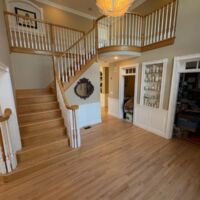 3 1/4" Red Oak finished with 1 coat of Bona Clear Seal and then 3 coats of Bonma Traffic HD Satin